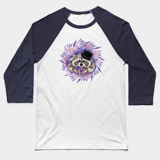 Raccoon with purple flowers with a mug of coffee. Watercolor Baseball T-Shirt